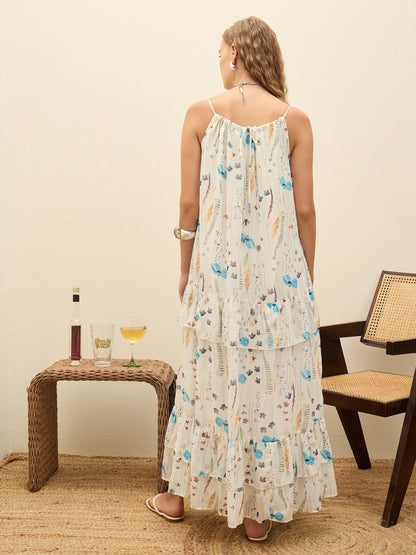 Women White Ditsy Floral Strappy Maxi Dress
