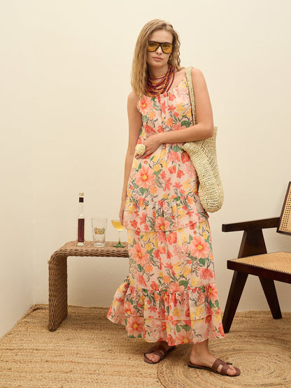 Women Beige Floral Strappy Maxi Dress