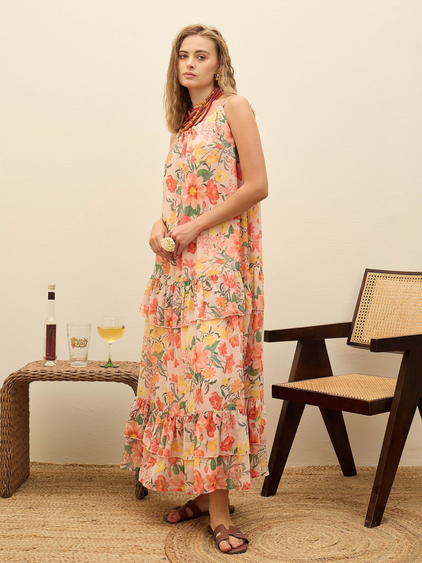 Women Beige Floral Strappy Maxi Dress