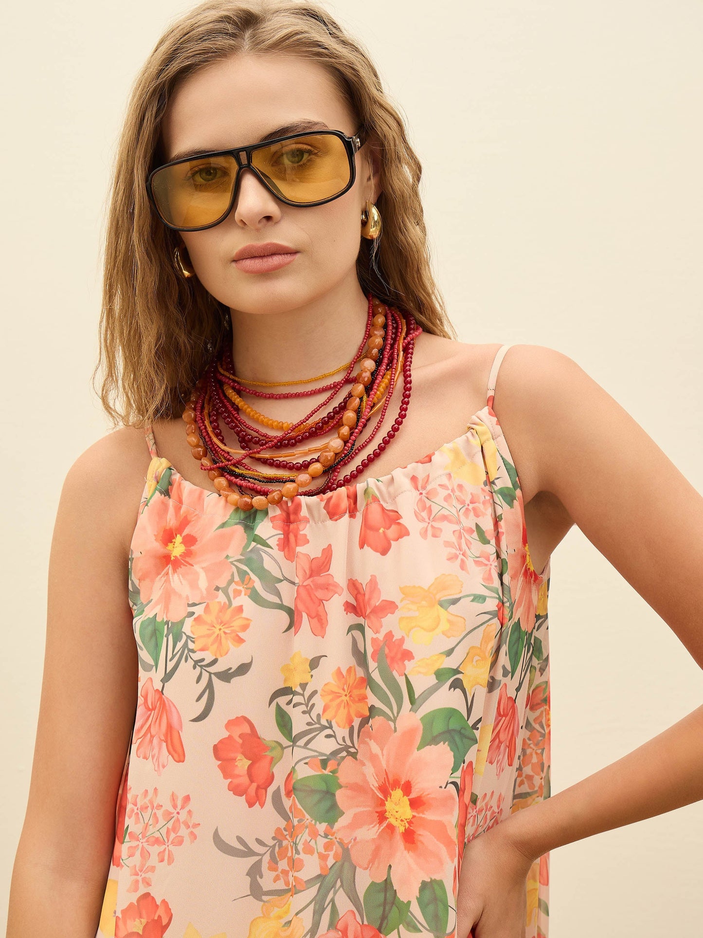 Women Beige Floral Strappy Maxi Dress