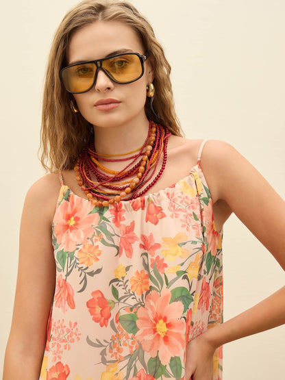 Women Beige Floral Strappy Maxi Dress