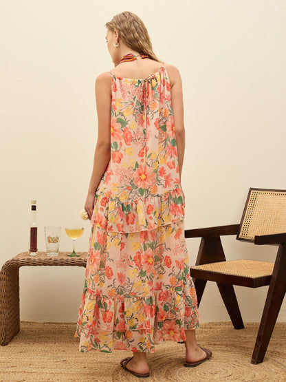Women Beige Floral Strappy Maxi Dress