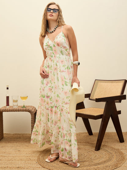Women White Floral Back-Cut Out Maxi Dress