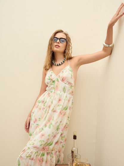 Women White Floral Back-Cut Out Maxi Dress