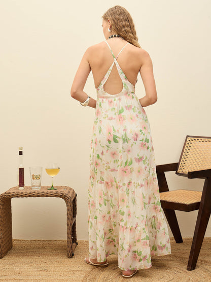 Women White Floral Back-Cut Out Maxi Dress