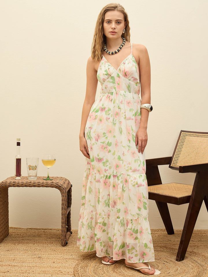 Women White Floral Back-Cut Out Maxi Dress