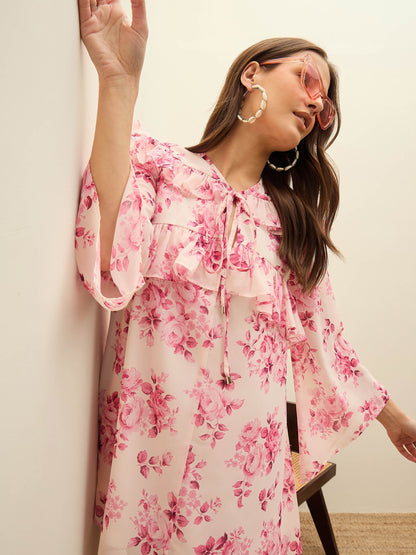 Women Pink Floral A-Line Short Dress