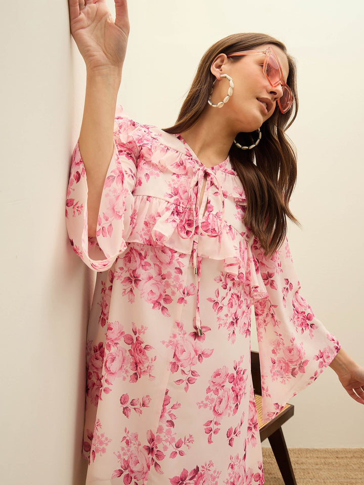 Women Pink Floral A-Line Short Dress