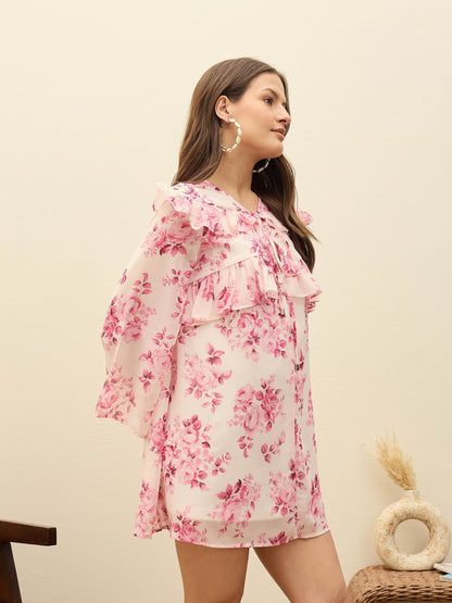 Women Pink Floral A-Line Short Dress