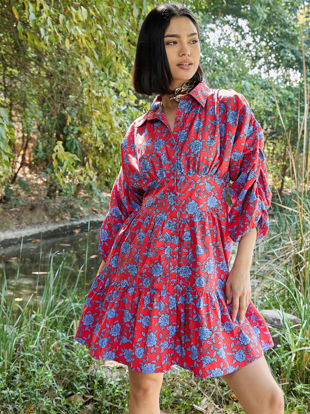 Women Red &amp; Blue Floral Ruched Sleeves Short Dress