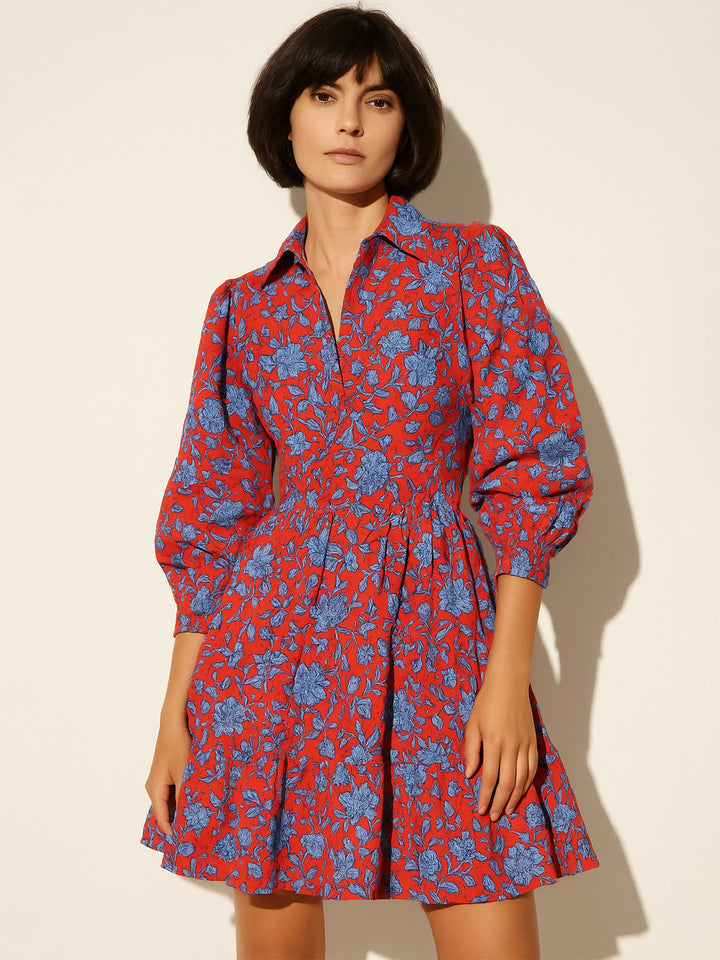 Women Red &amp; Blue Floral Ruched Sleeves Short Dress