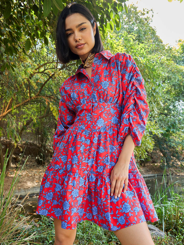 Women Red &amp; Blue Floral Ruched Sleeves Short Dress