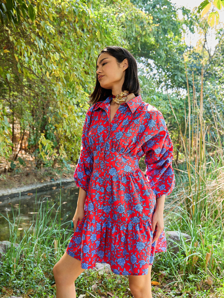 Women Red &amp; Blue Floral Ruched Sleeves Short Dress
