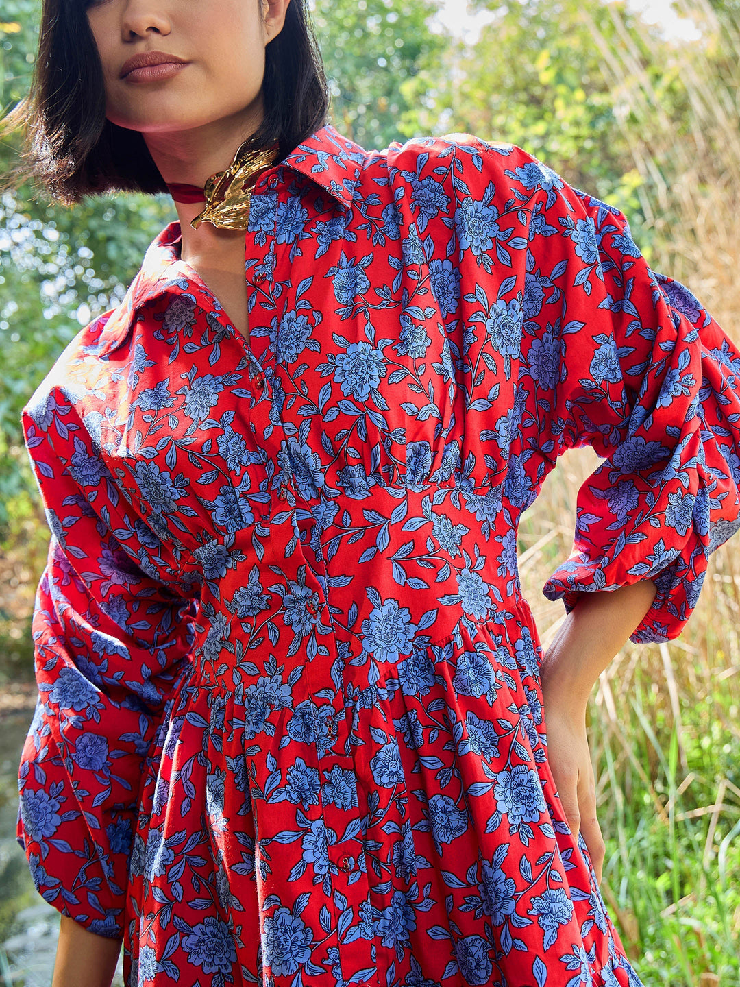 Women Red &amp; Blue Floral Ruched Sleeves Short Dress
