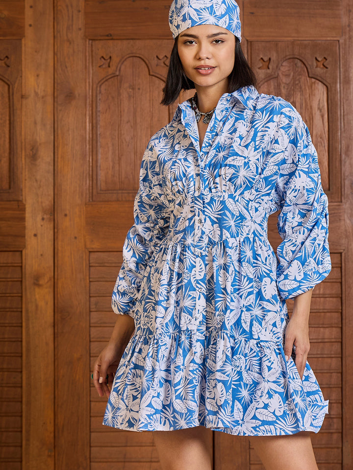 Women Blue &amp;White Floral Ruched Sleeves Short Dress