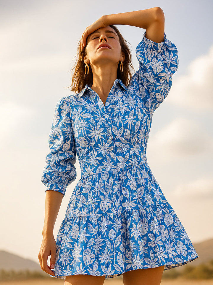 Women Blue &amp;White Floral Ruched Sleeves Short Dress