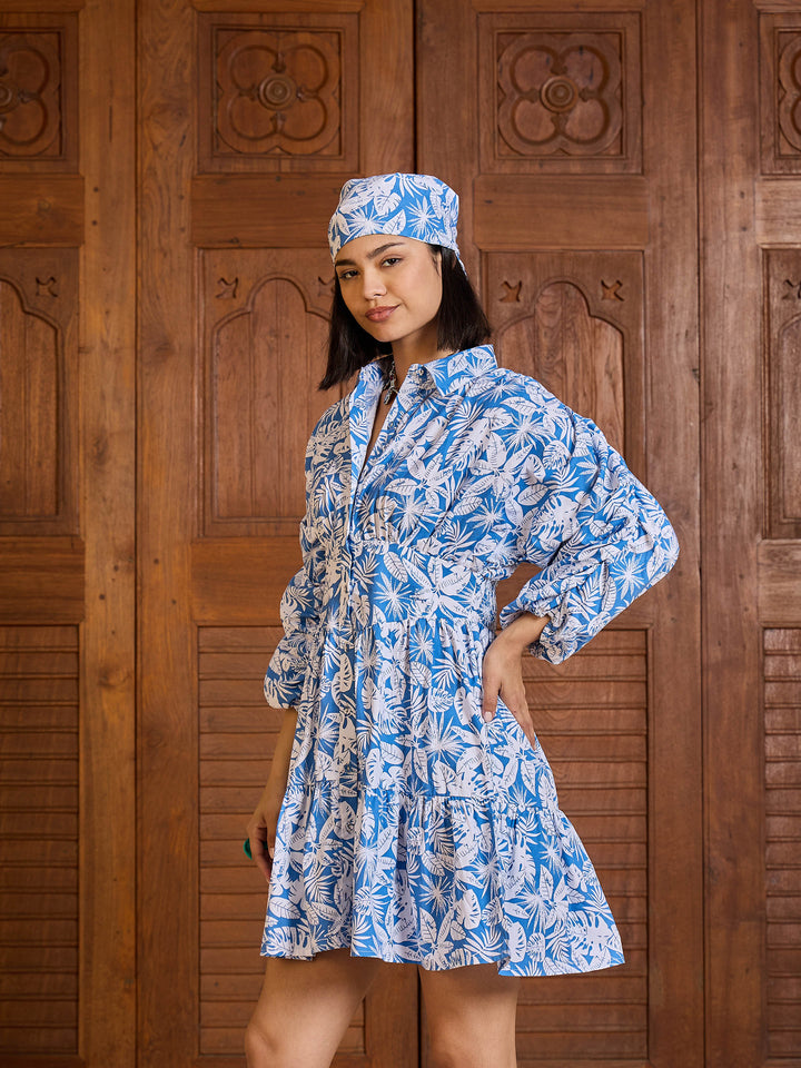 Women Blue &amp;White Floral Ruched Sleeves Short Dress