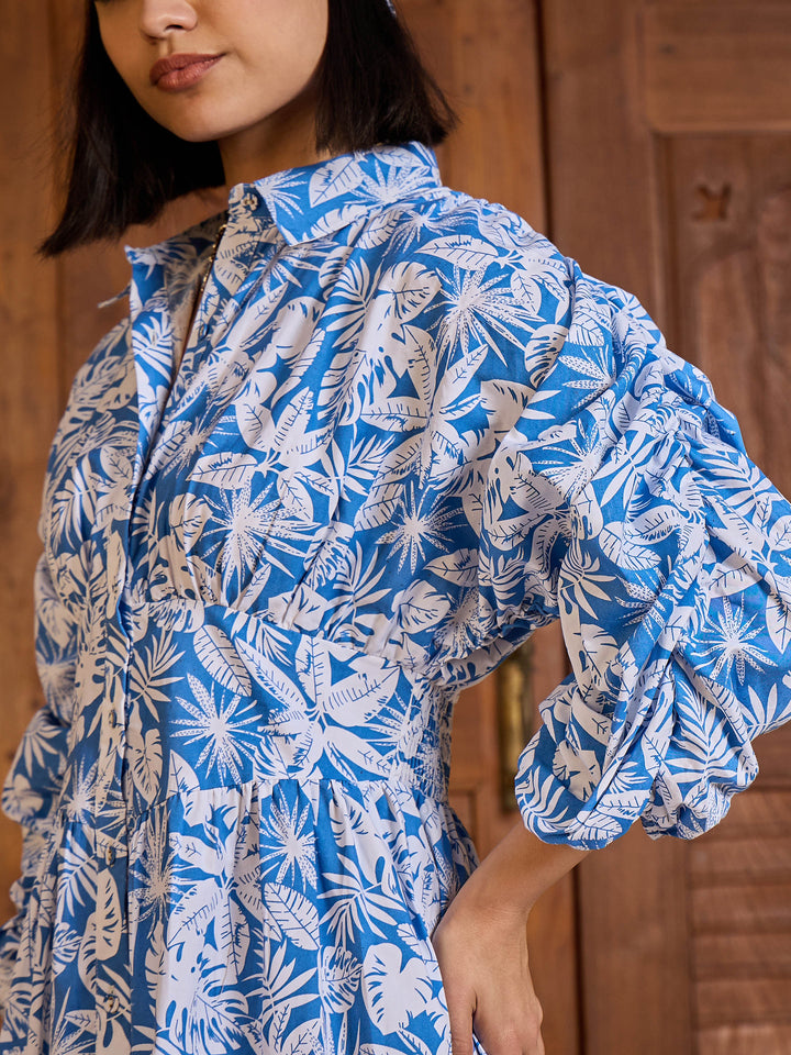 Women Blue &amp;White Floral Ruched Sleeves Short Dress