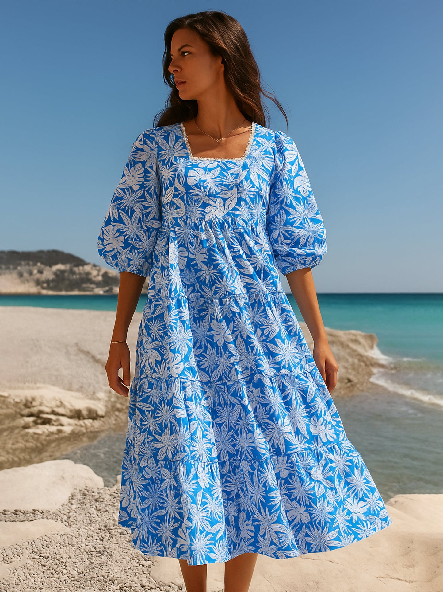 Women Blue & White Floral Back Tie Knot Midi Dress