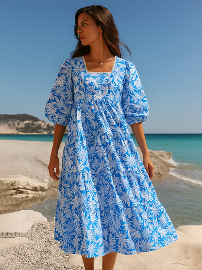 Women Blue & White Floral Back Tie Knot Midi Dress