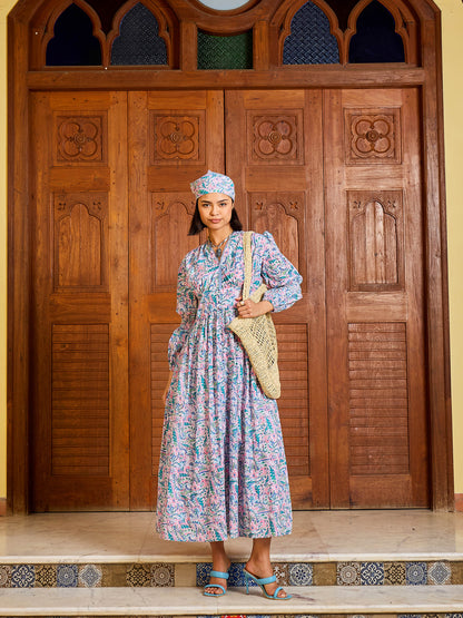 Women Blue Paisley V-Neck Gathered Maxi Dress