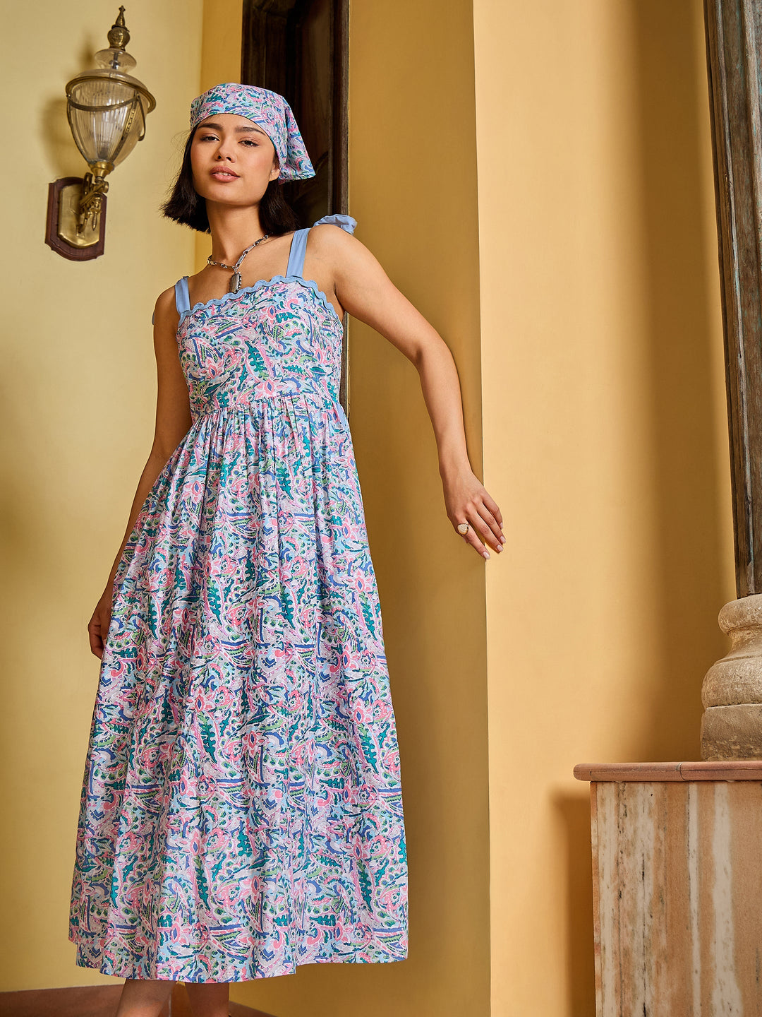 Women Blue Paisley Strappy Tie-up Midi Dress