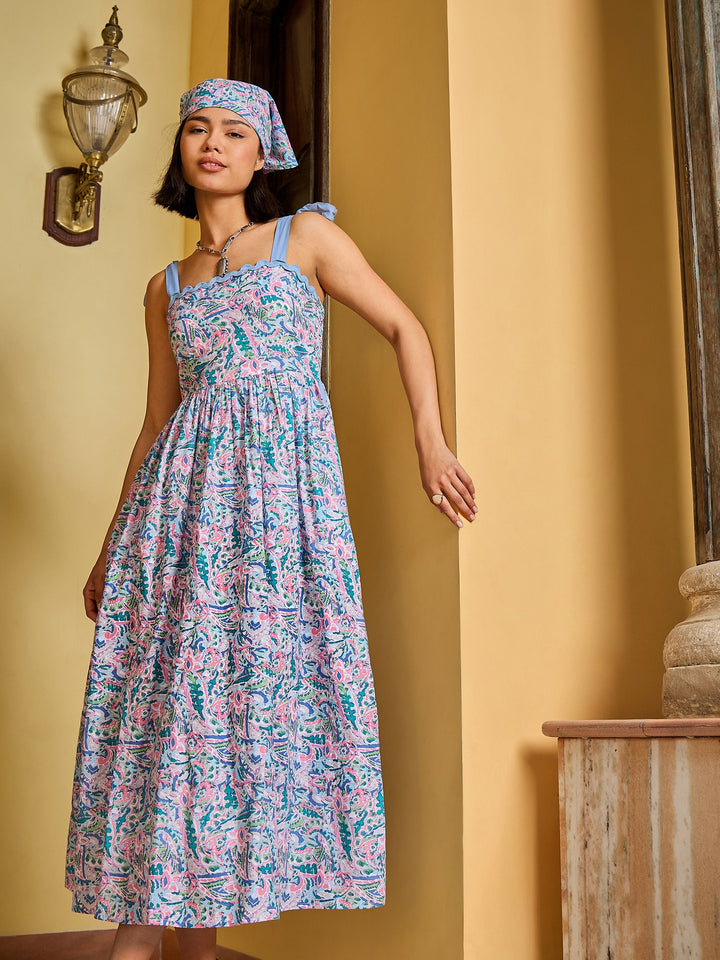Women Blue Paisley Strappy Tie-up Midi Dress
