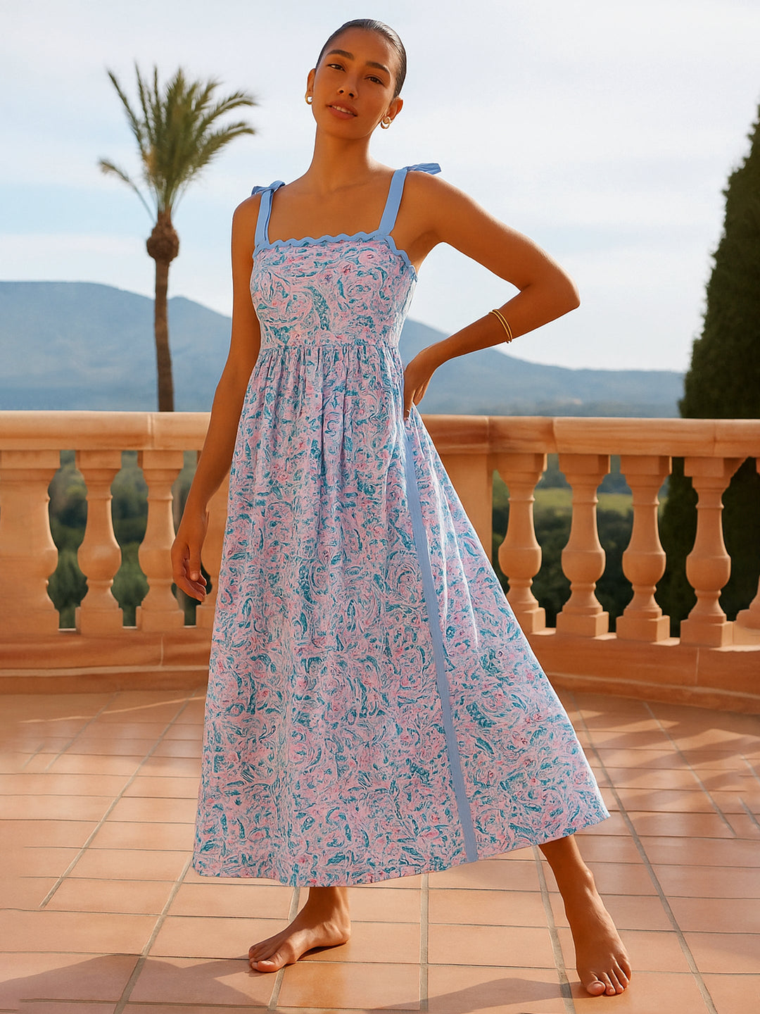 Women Blue Paisley Strappy Tie-up Midi Dress