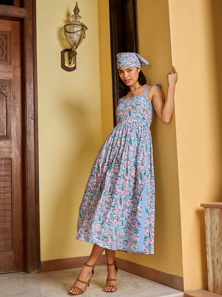Women Blue Paisley Strappy Tie-up Midi Dress