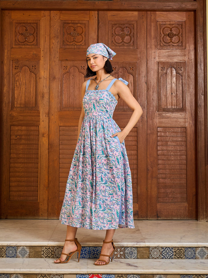 Women Blue Paisley Strappy Tie-up Midi Dress