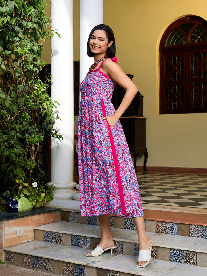 Women Pink Paisley Strappy Tie-up Midi Dress