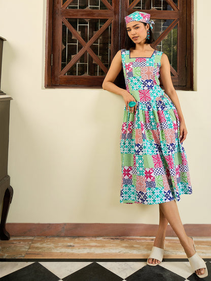 White Multi Geometric Drop Waist Midi Dress