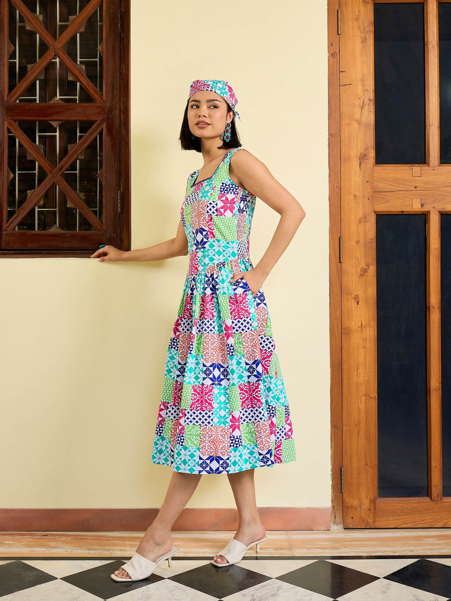 White Multi Geometric Drop Waist Midi Dress