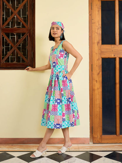White Multi Geometric Drop Waist Midi Dress