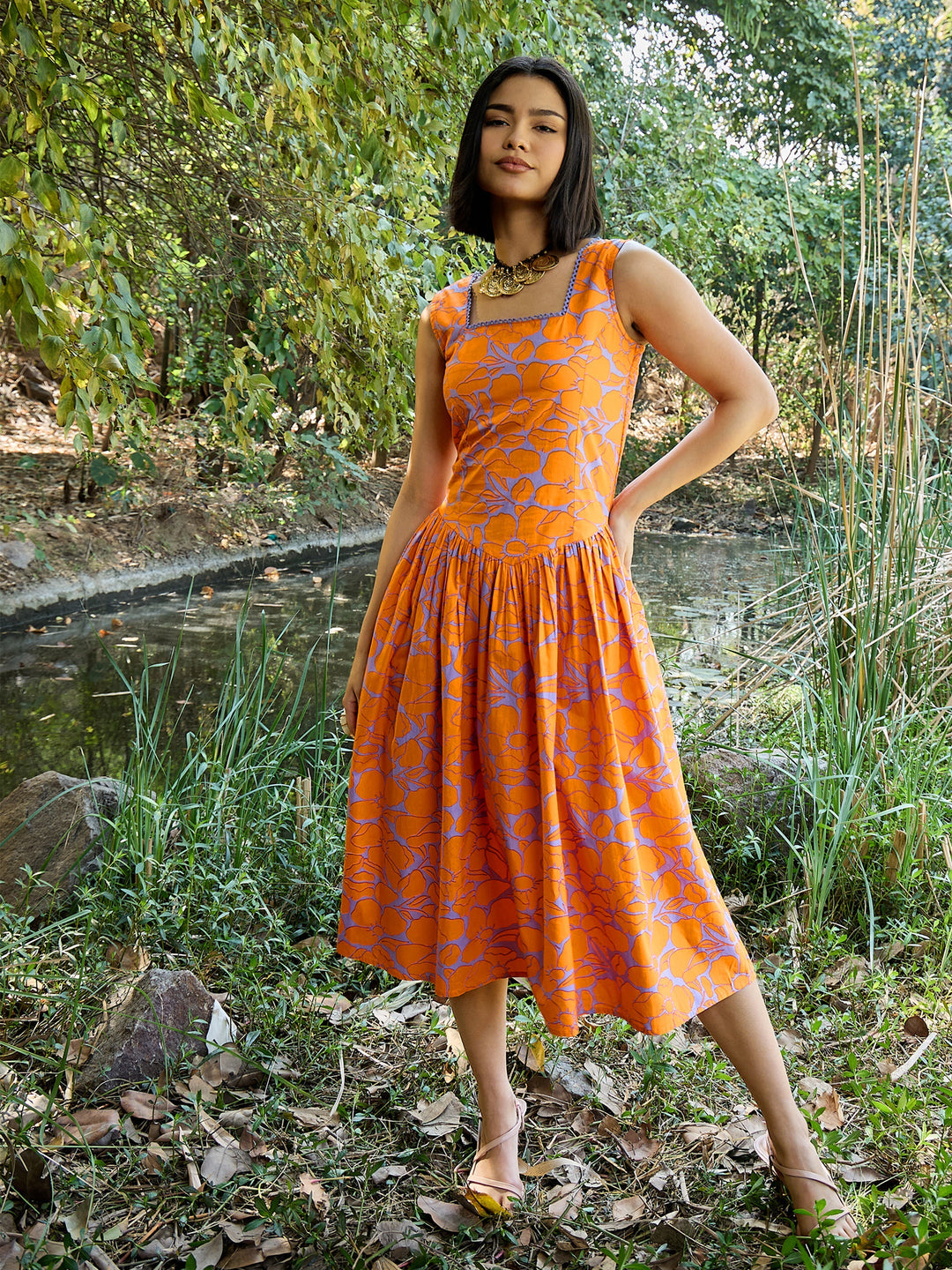 Women Grey &amp; Orange Floral Drop Waist Midi Dress