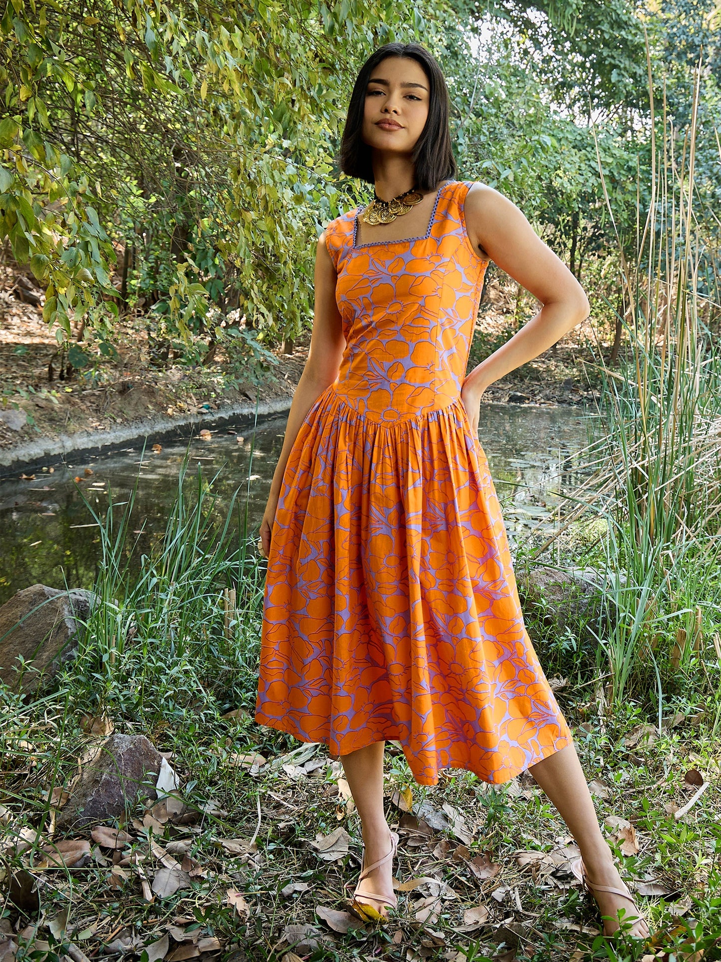 Women Grey & Orange Floral Drop Waist Midi Dress