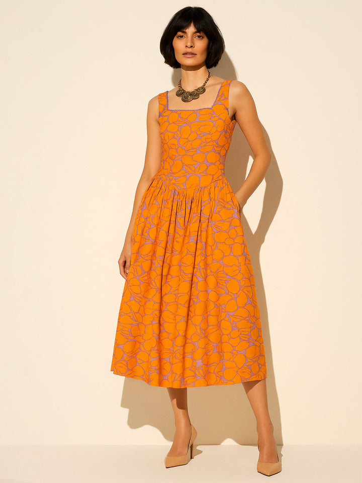 Women Grey &amp; Orange Floral Drop Waist Midi Dress