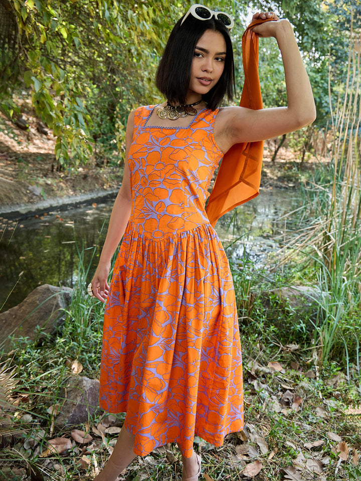 Women Grey &amp; Orange Floral Drop Waist Midi Dress