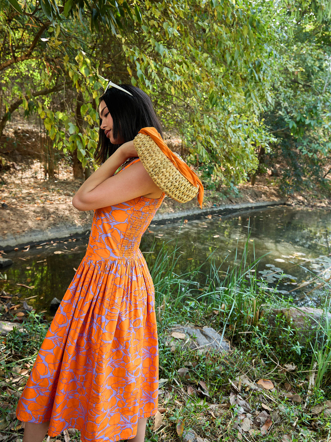 Women Grey &amp; Orange Floral Drop Waist Midi Dress