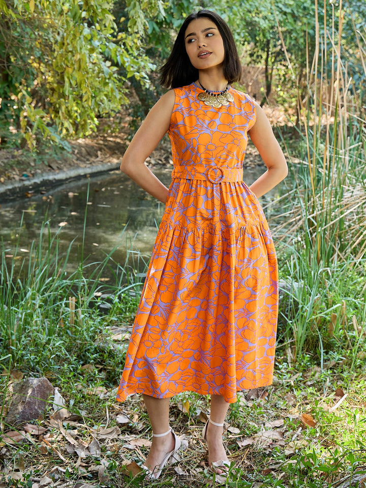 Women Grey &amp; Orange Floral Tiered Midi Dress