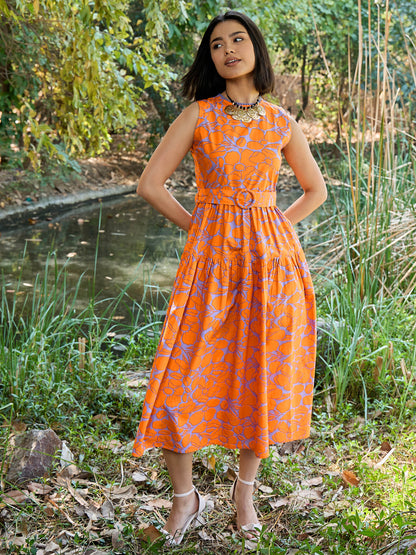 Women Grey & Orange Floral Tiered Midi Dress