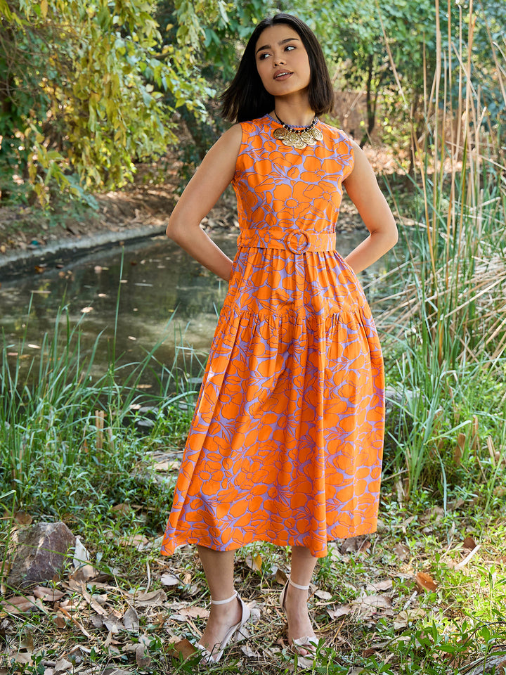 Women Grey &amp; Orange Floral Tiered Midi Dress