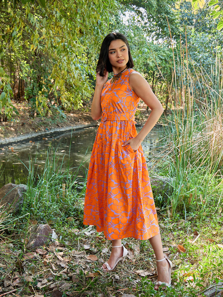 Women Grey &amp; Orange Floral Tiered Midi Dress