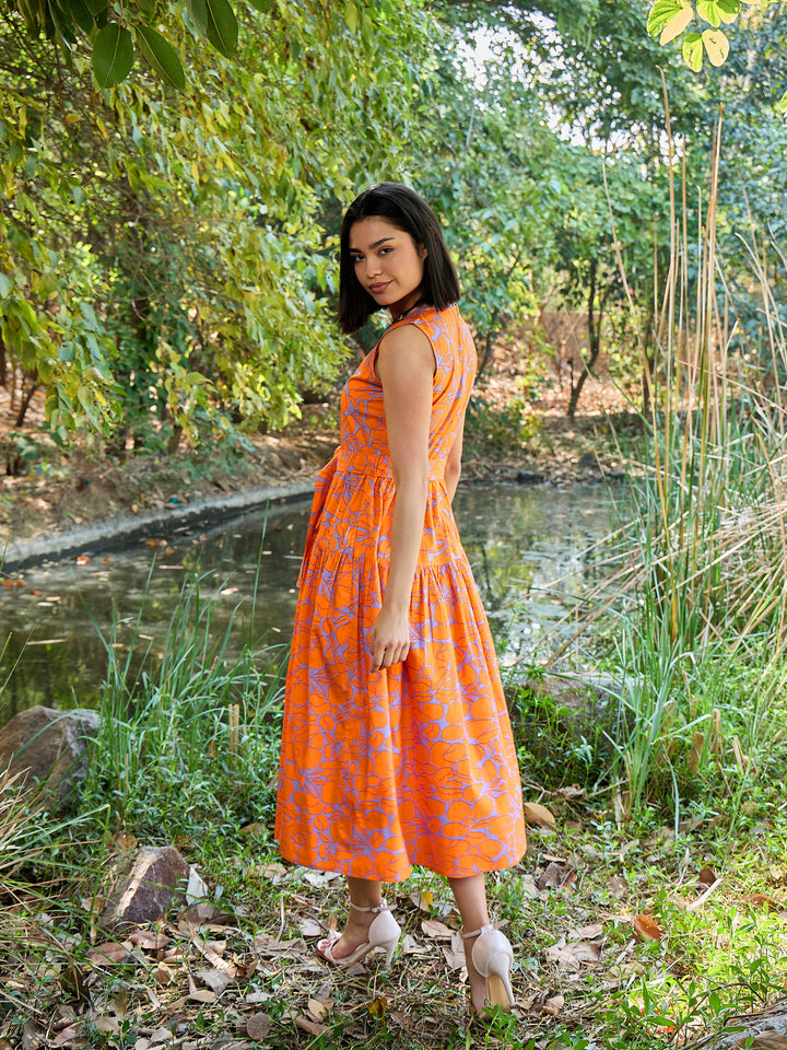 Women Grey &amp; Orange Floral Tiered Midi Dress