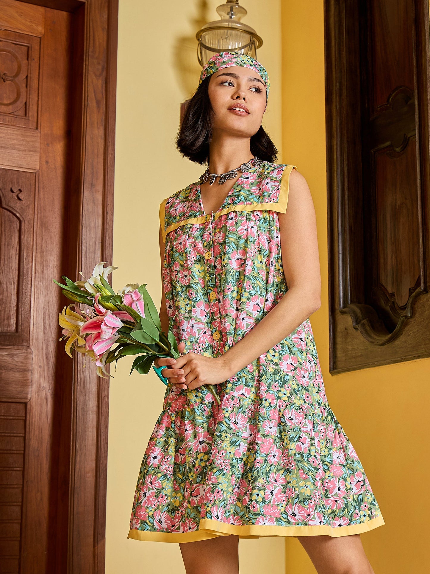 Green Floral V-Neck Button Down Short Dress