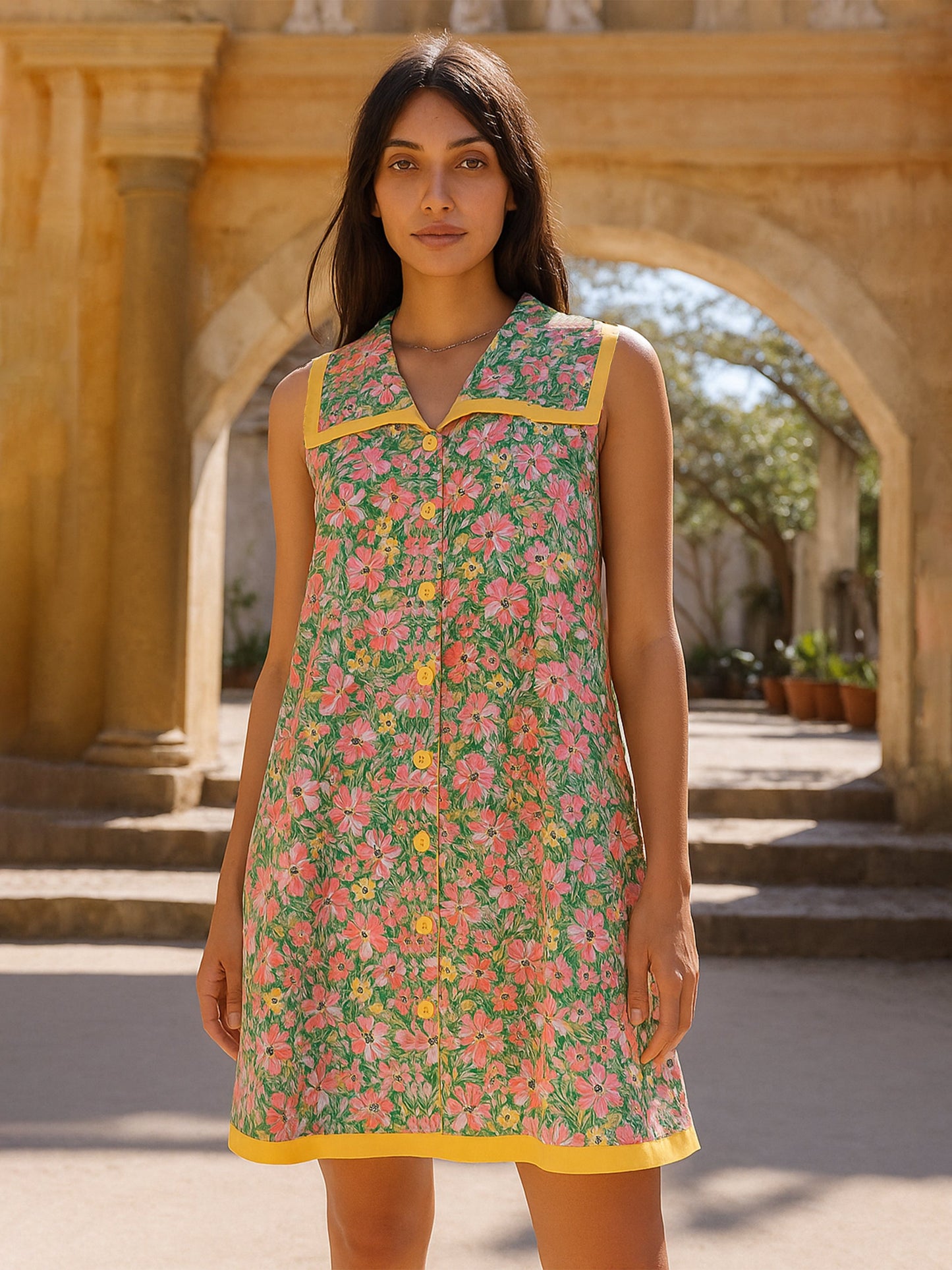 Green Floral V-Neck Button Down Short Dress