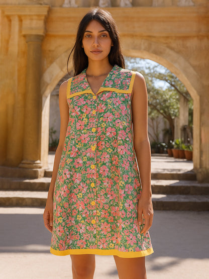 Green Floral V-Neck Button Down Short Dress