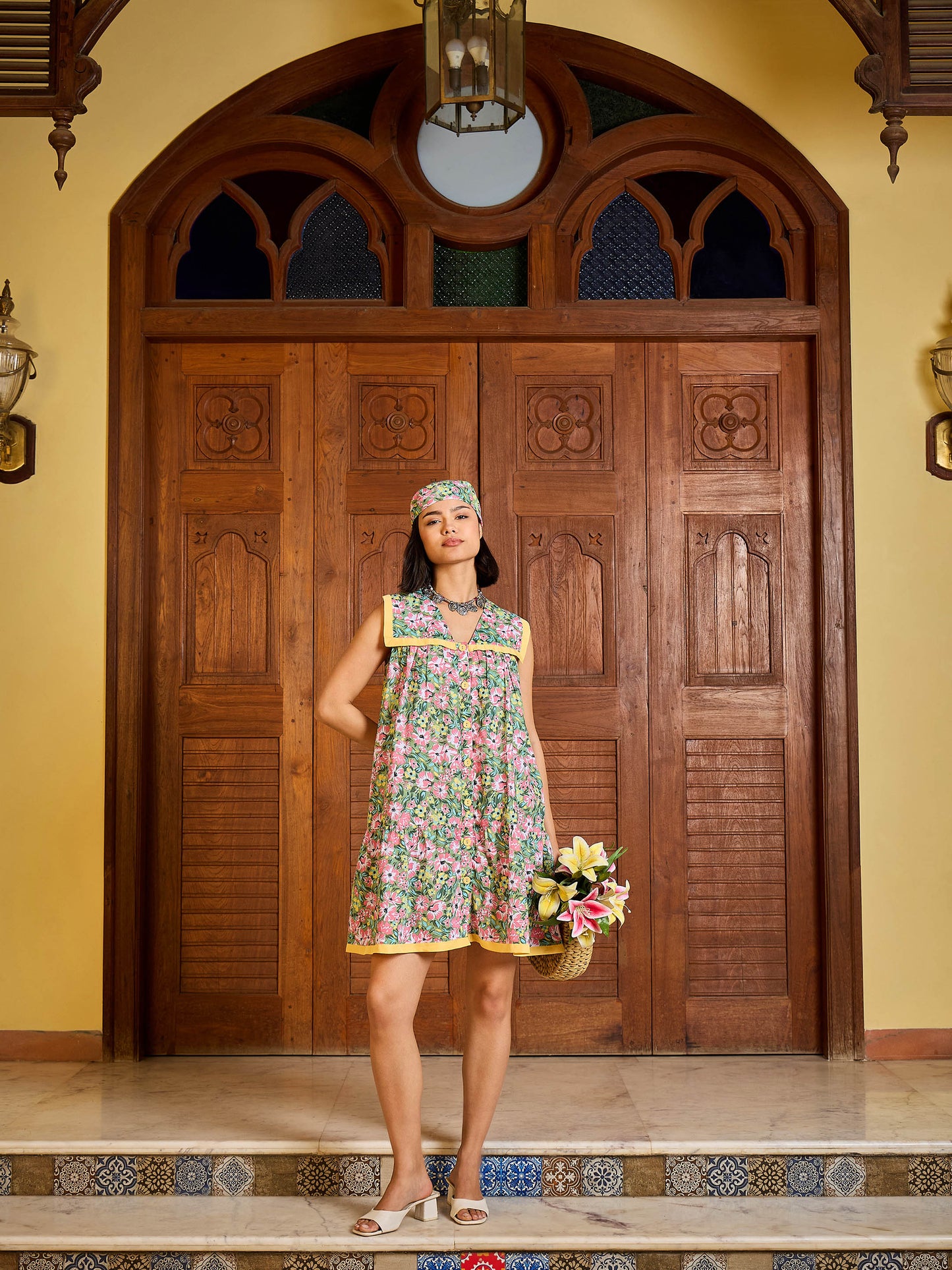 Green Floral V-Neck Button Down Short Dress