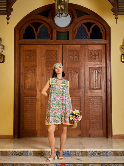 Green Floral V-Neck Button Down Short Dress