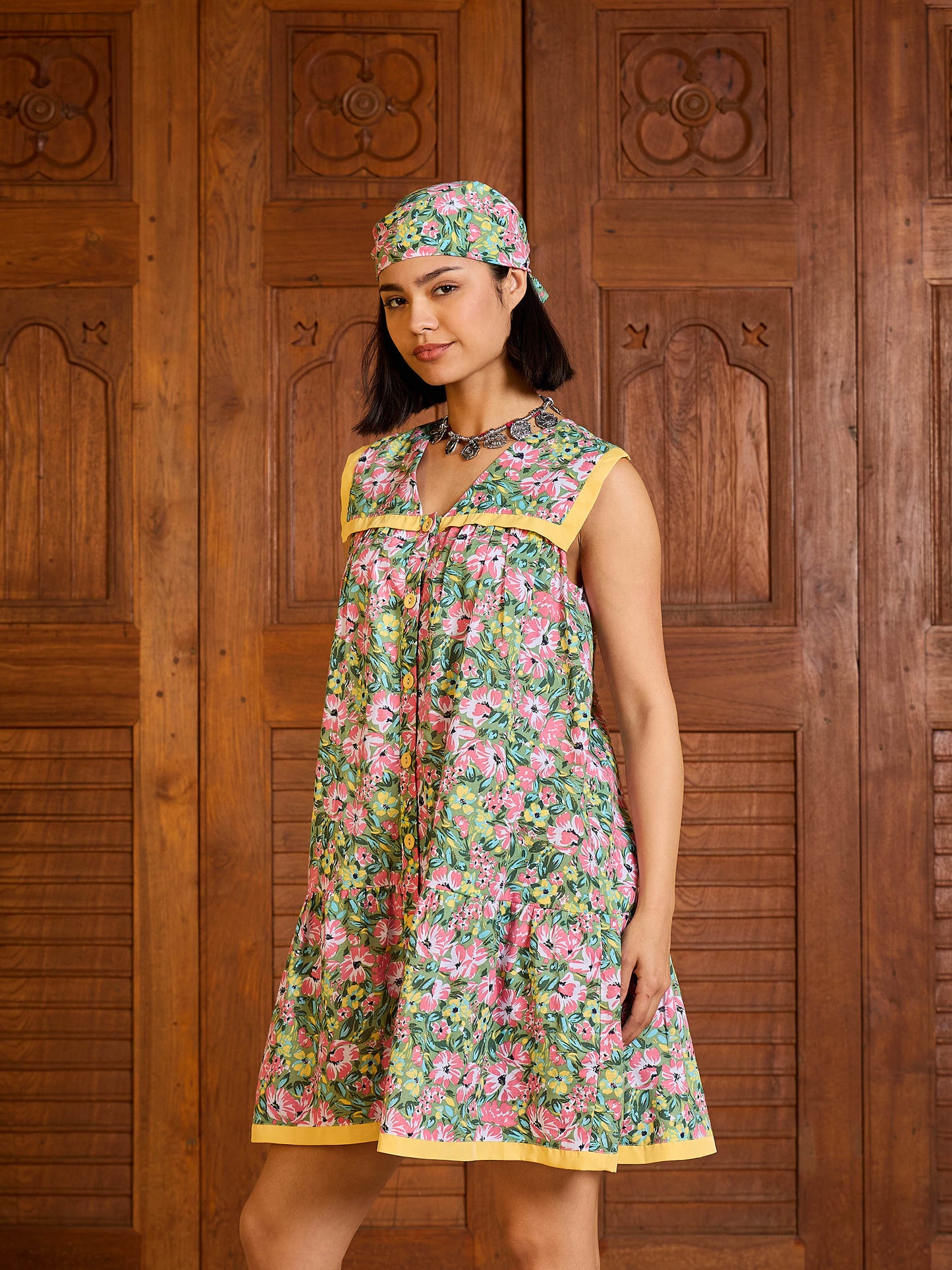 Green Floral V-Neck Button Down Short Dress